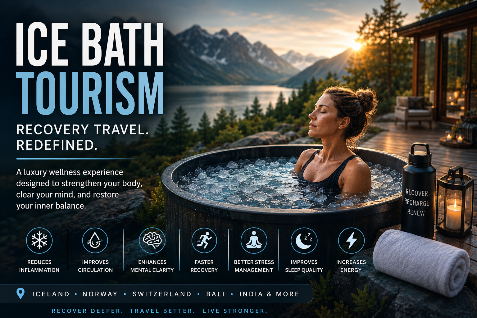 Ice Bath Tourism luxury wellness retreat with cold plunge therapy, mountain spa resort, and recovery travel experience surrounded by alpine landscape and luxury wellness facilities